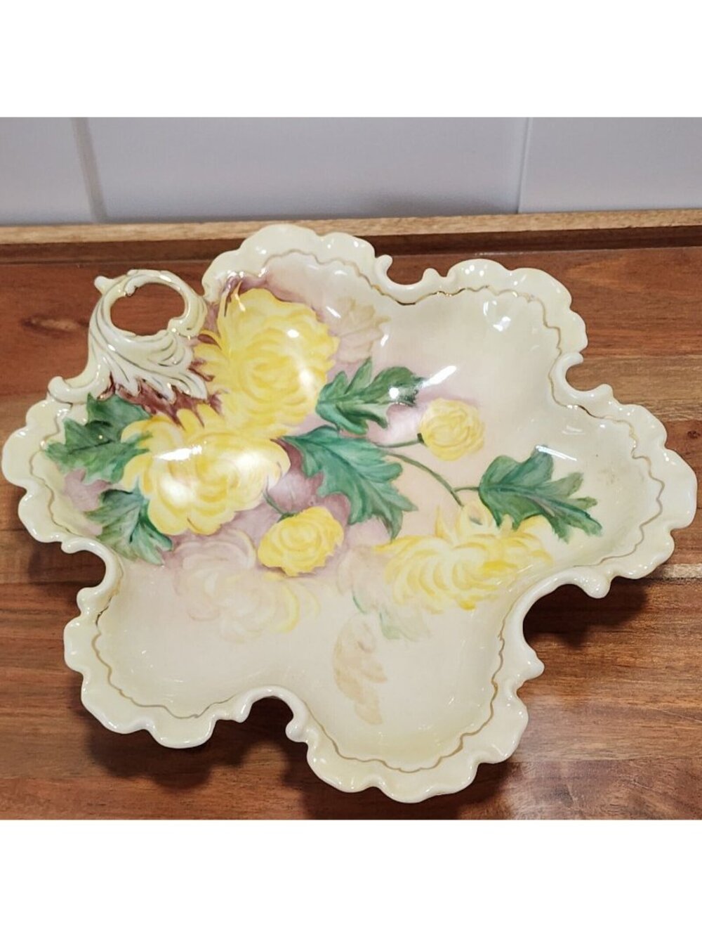 Heirloom Porcelain Scalloped Dish 10" Handpainted Floral Signed vintage 1955